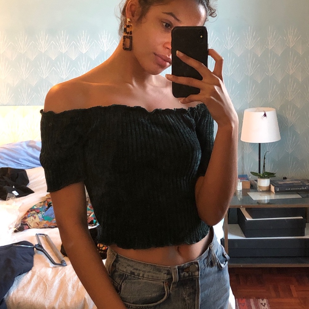 Bershka emerald green velvet crop top